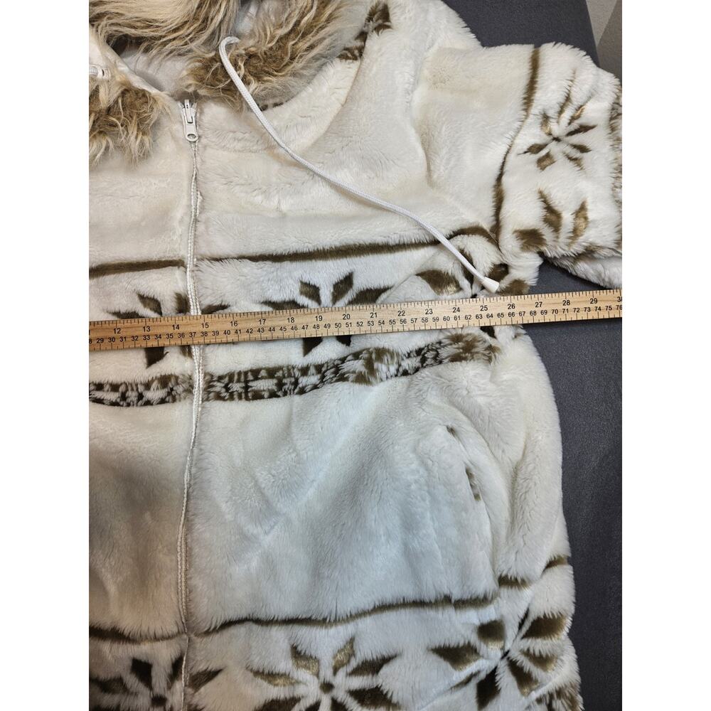 Vintage Jacket Coat Womens Medium - Large White Snowflake Faux Fur With Hood - Picture 6 of 9